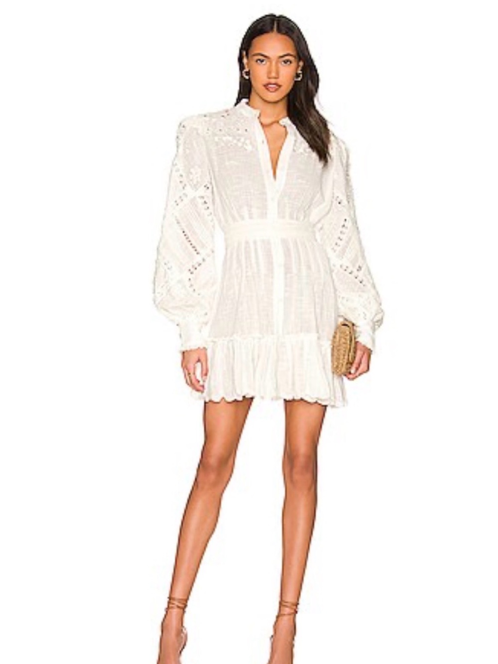 Hemant & Nandita White Eyelet Long-Sleeve Mini Dress Ruby size XS
